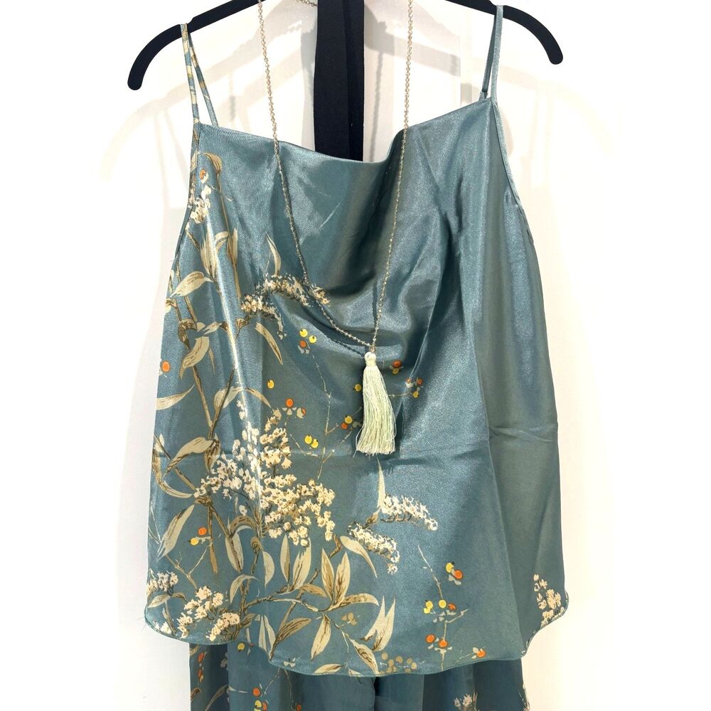 Silky Satin Floral 2 Piece Set XL | Cowl Neck Cami + Wide Leg Pants Cottagecore - Picture 2 of 5